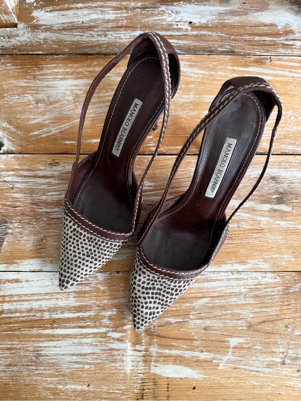 Manolo Blahnik Brown Spotted Canvas & Leather Slingback Pumps 38